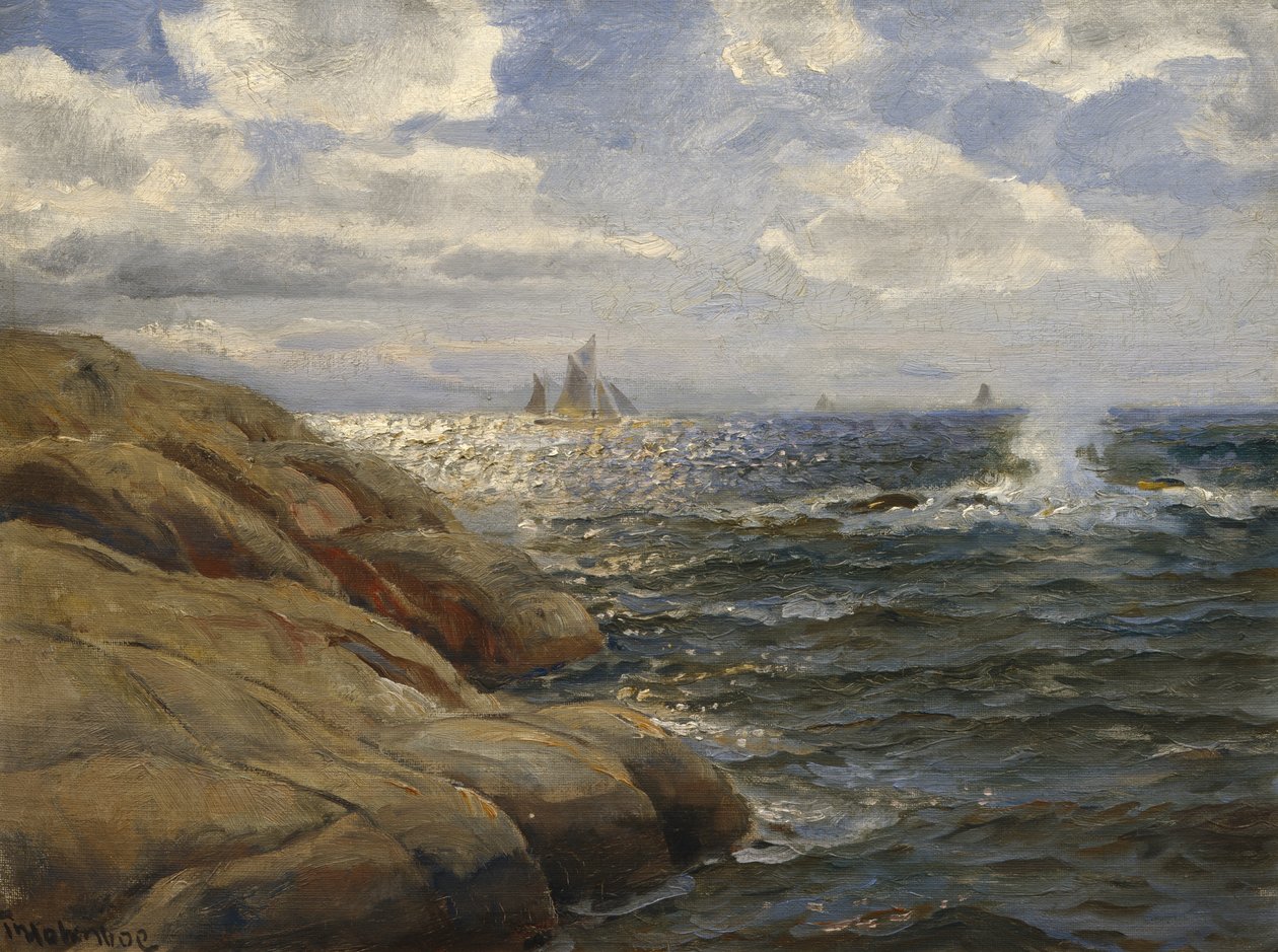 Kystlandskab med sejlbåde (maleri) af Thorolf Holmboe