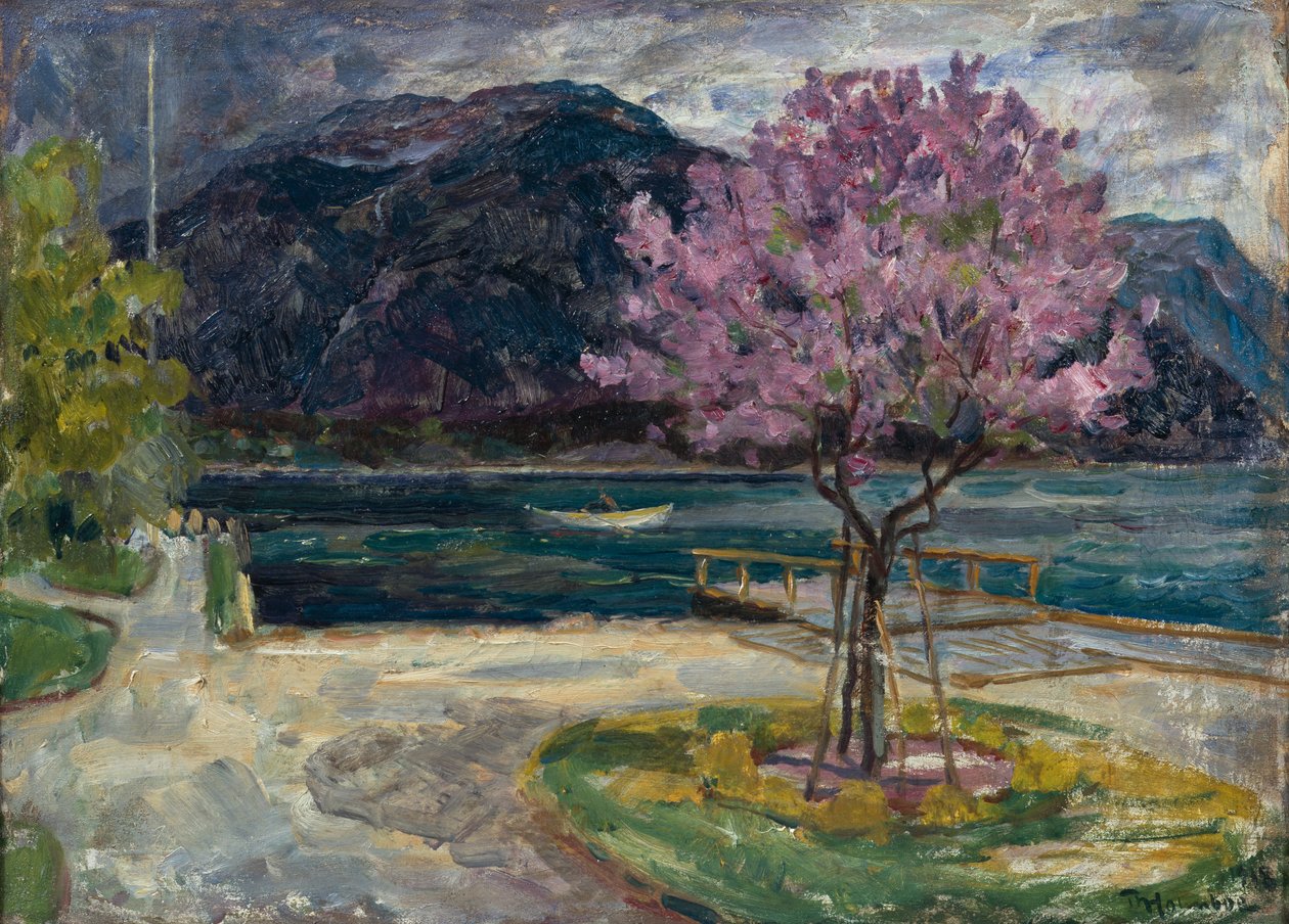 Kystlandskab med blomstrende mandeltræ af Thorolf Holmboe