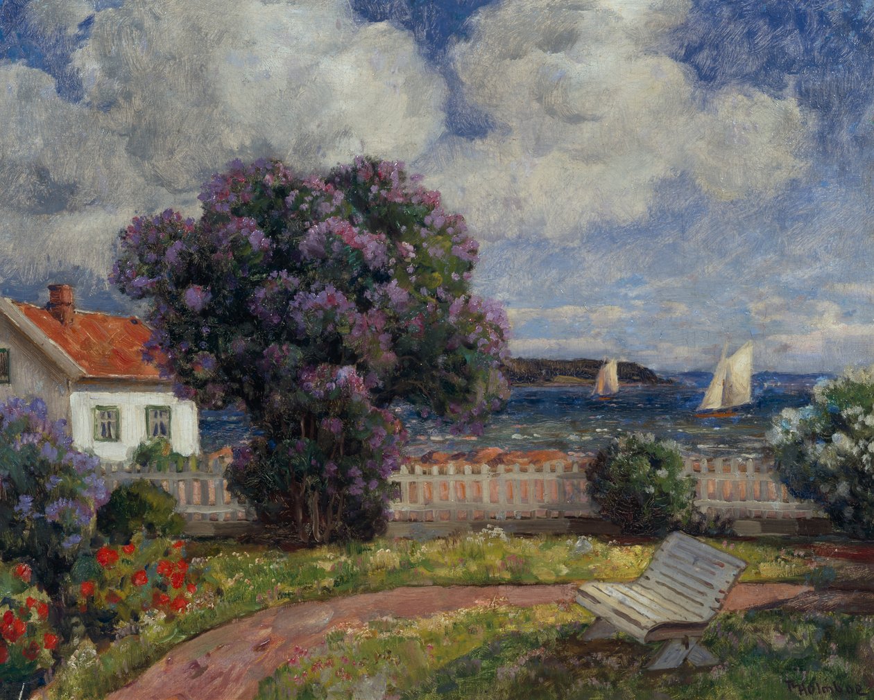 Kystlandskab med blomstrende lilla busk (olie på lærred) af Thorolf Holmboe