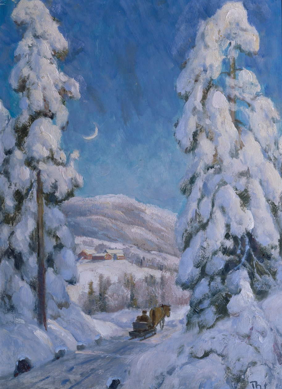 Hest og slæde i vinterlandskab (olie på lærred) af Thorolf Holmboe