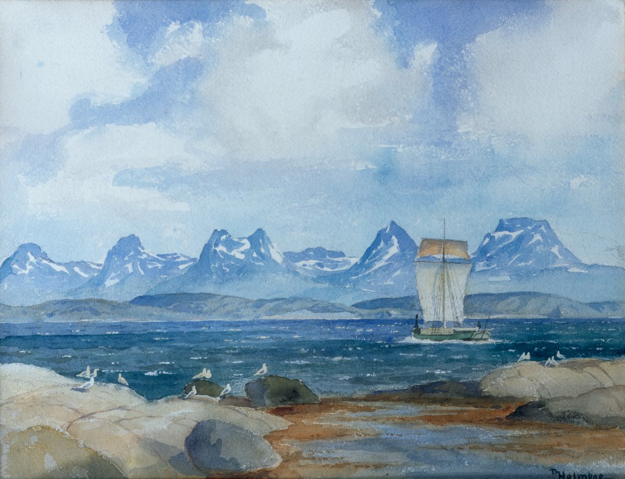 Nordlig fiskerbåd i fjordlandskab (foto) af Thorolf Holmboe
