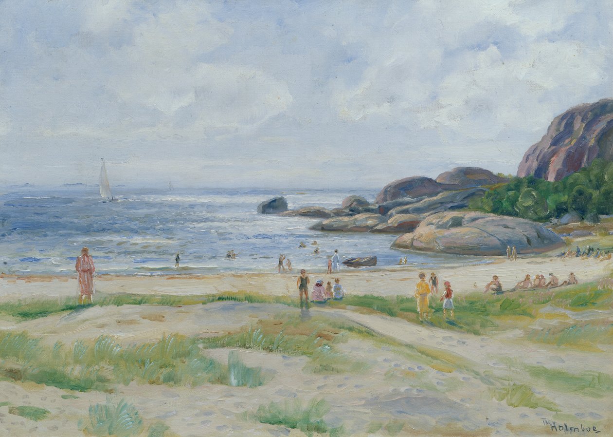 Mennesker, der bader (olie på lærred) af Thorolf Holmboe