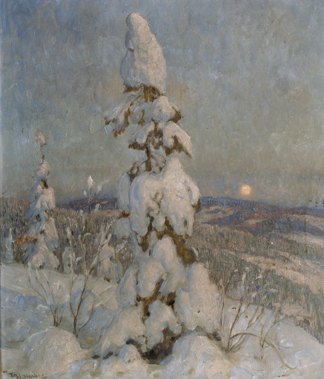 Snedækket gran i måneskin (olie på lærred) af Thorolf Holmboe