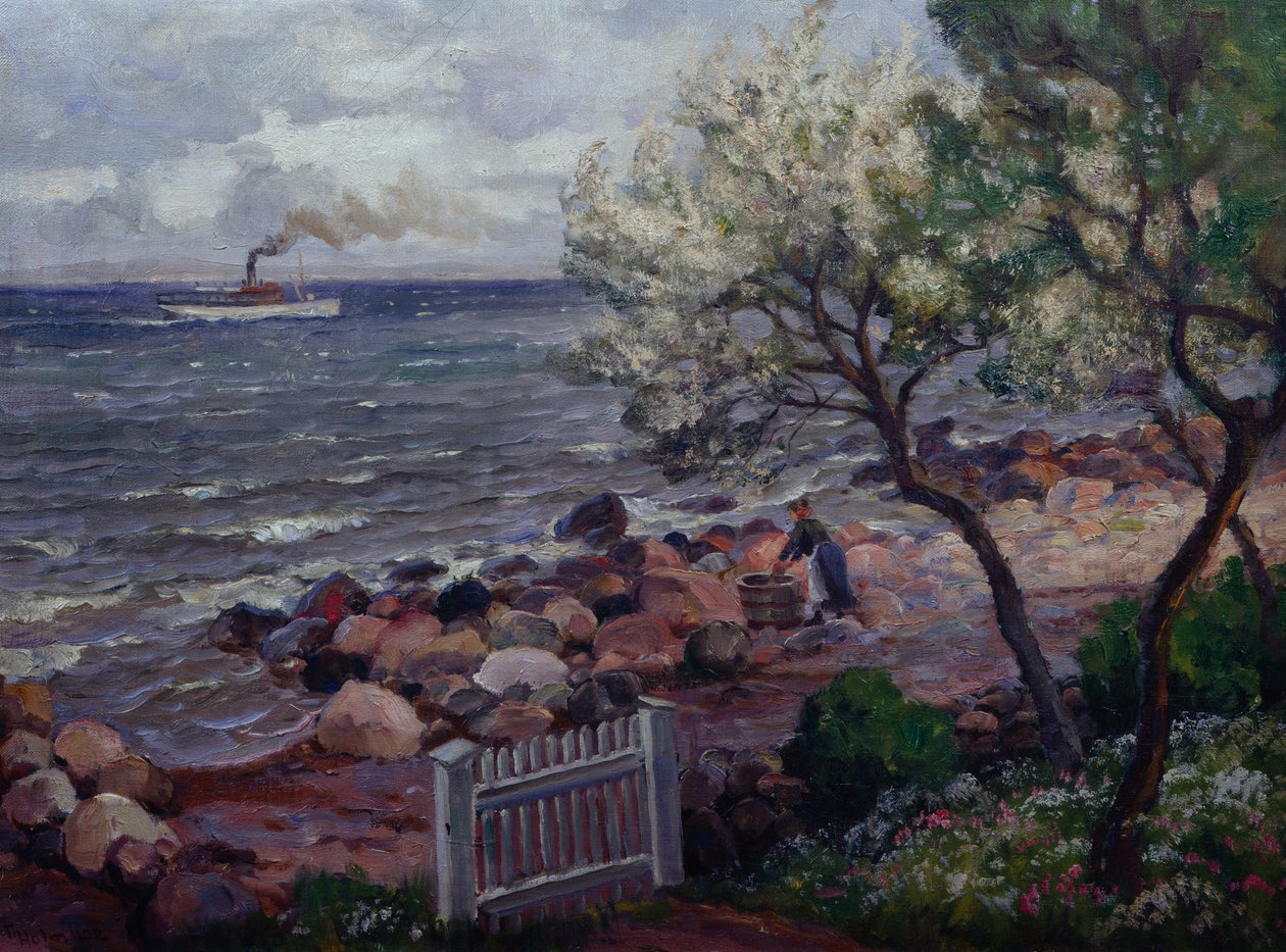 Sommerlandskab med havelåge og kvinde (olie på lærred) af Thorolf Holmboe