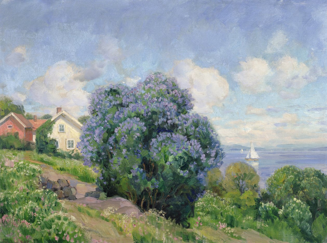 Sommerlandskab med syrenbusk, hus og sejlbåd (olie på lærred) af Thorolf Holmboe
