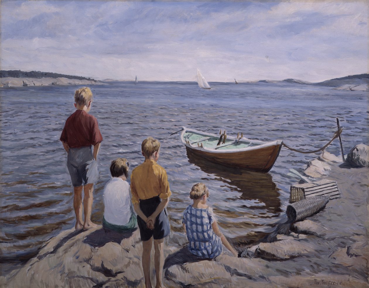 Børn ved kajen (olie på lærred) af Thorvald Torgersen