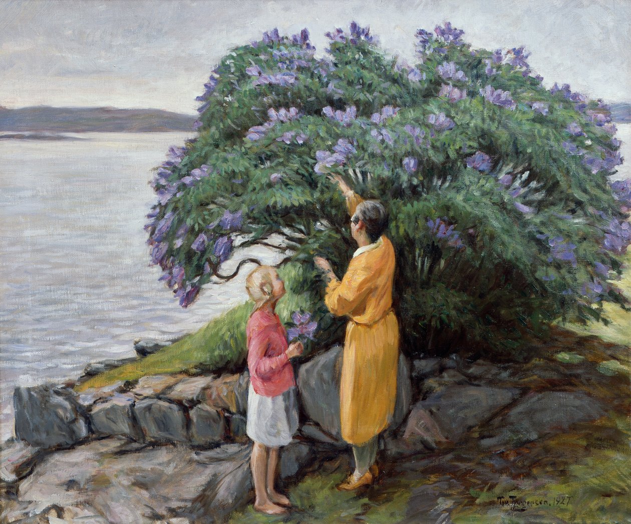 Kvinde og barn ved syrenbusken af Thorvald Torgersen