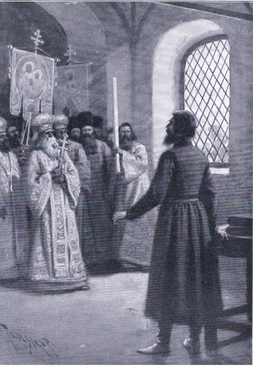 Boris Godunov på pension i klostret bad om at acceptere hans valg som zar, illustration fra Landmarks in European History udgivet af Gresham Publishing Co, ca. 1920 (litho) af Thure de Thulstrup