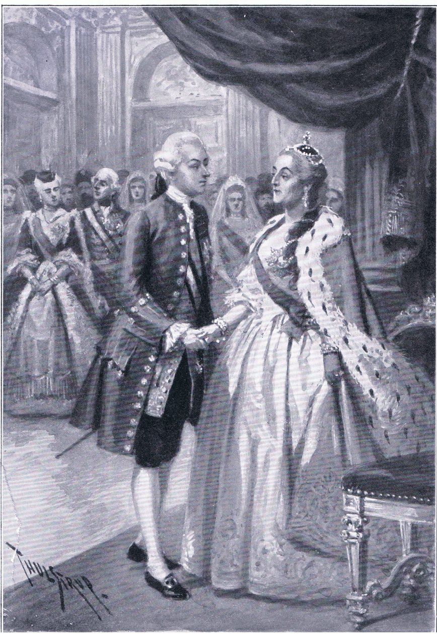 Møde mellem Catherine II af Rusland og Joseph II af Østrig, illustration fra Landmarks in European History udgivet af Gresham Publishing Co, ca. 1920 (litho) af Thure de Thulstrup