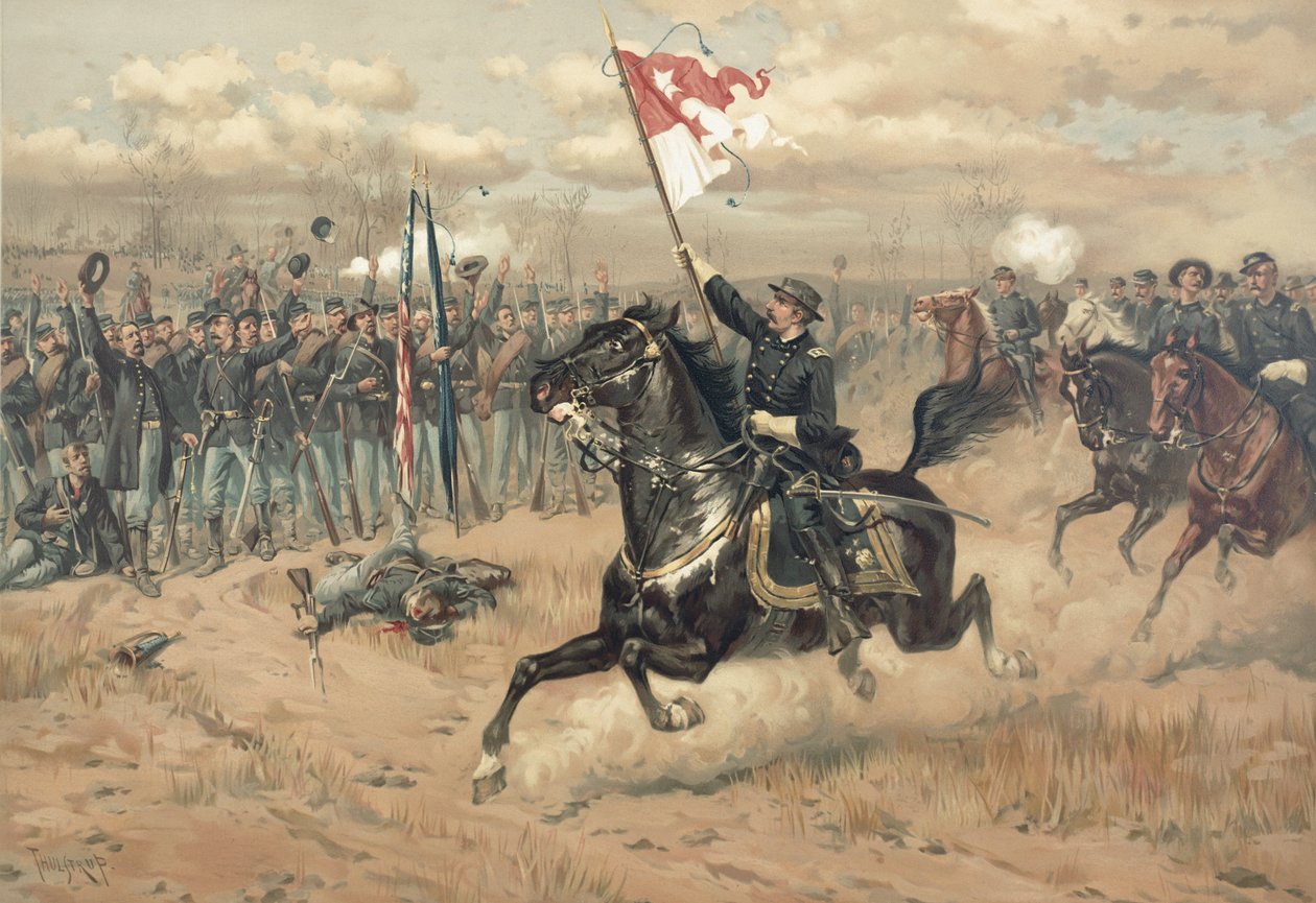 Sheridans berømte tur i slaget ved Cedar Creek Virginia i 1864 (farve litho) af Thure de Thulstrup