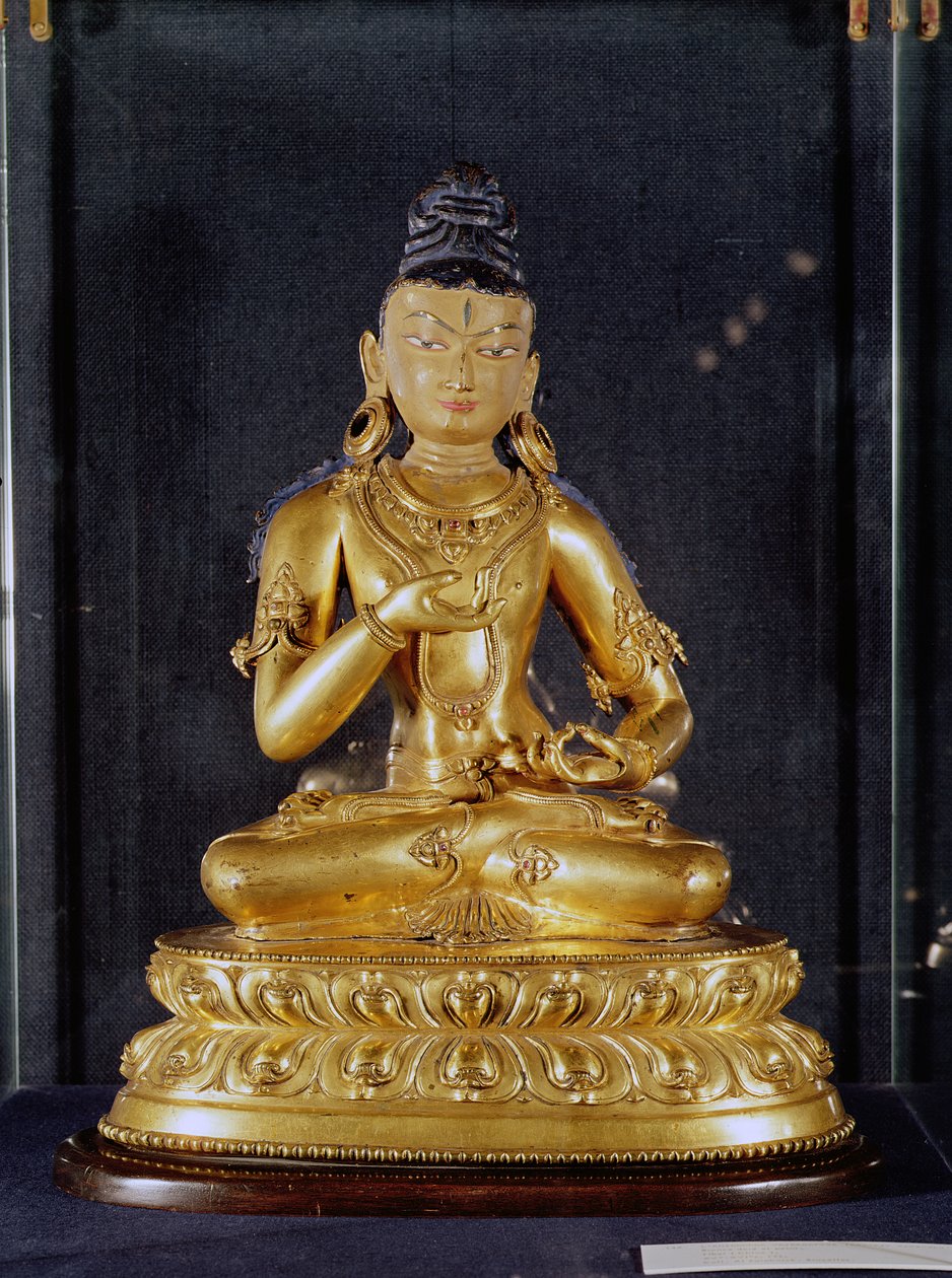 Adibuddha Vajrasattva siddende i meditation, 15.-16. århundrede (forgyldt bronze) af Tibetan School