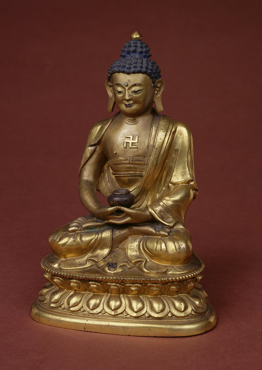 Buddha Amitayus siddende i meditation og holder vasen med nektar (amrta) i sit skød (bronze) af Tibetan School