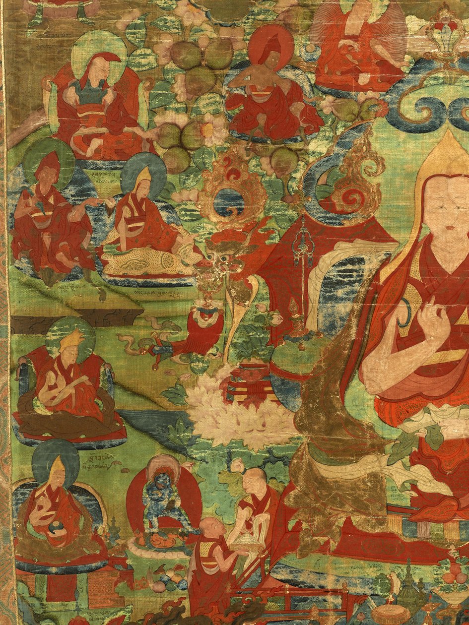 Detalje af tredje Panchen Lama Losan Penden Yeshe af Tibetan School