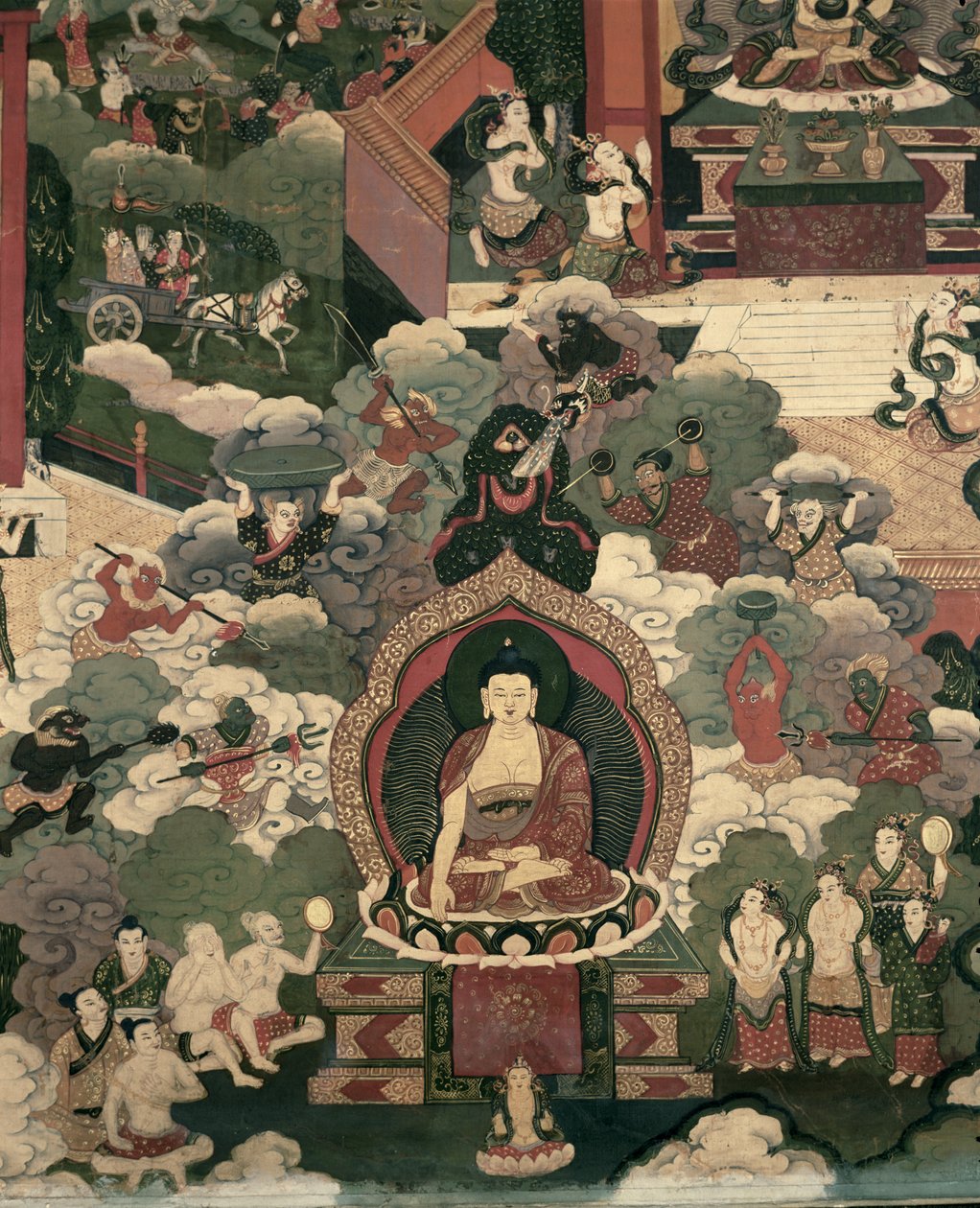 Buddha Shakyamunis liv, Maras hære, der angriber de velsignede (maler på silke) af Tibetan School