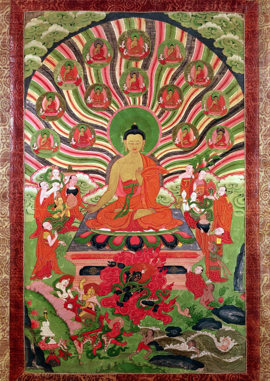 Scener fra Buddhas liv (malet tekstil) af Tibetan School