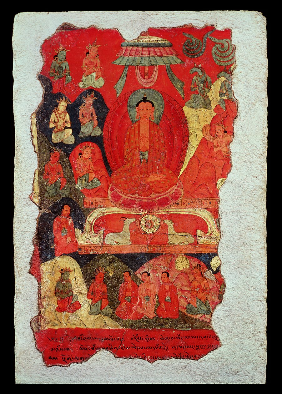 Buddhas første prædiken (vægmaleri) af Tibetan School