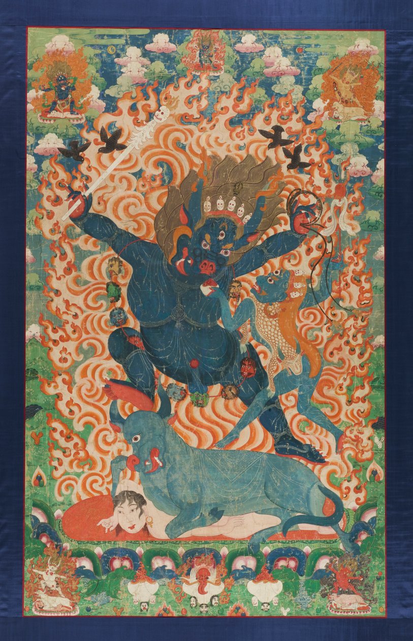 Yama og Yami, ca. 1700 (mineralpigmenter og guld på bomuldsklud) af Tibetan School