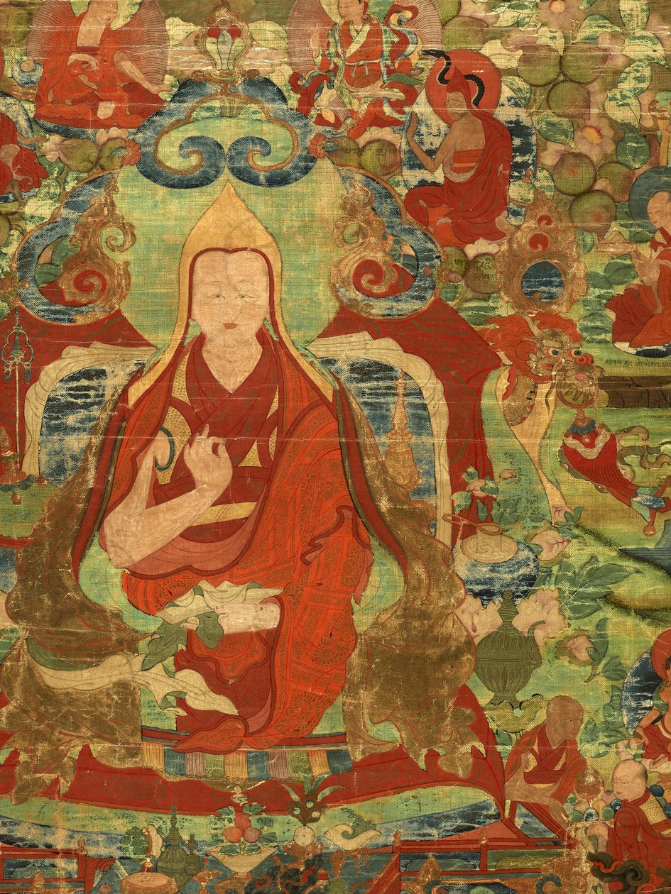 Detalje af tredje Panchen Lama Losan Penden Yeshe (gouache på stof) af Tibetan School