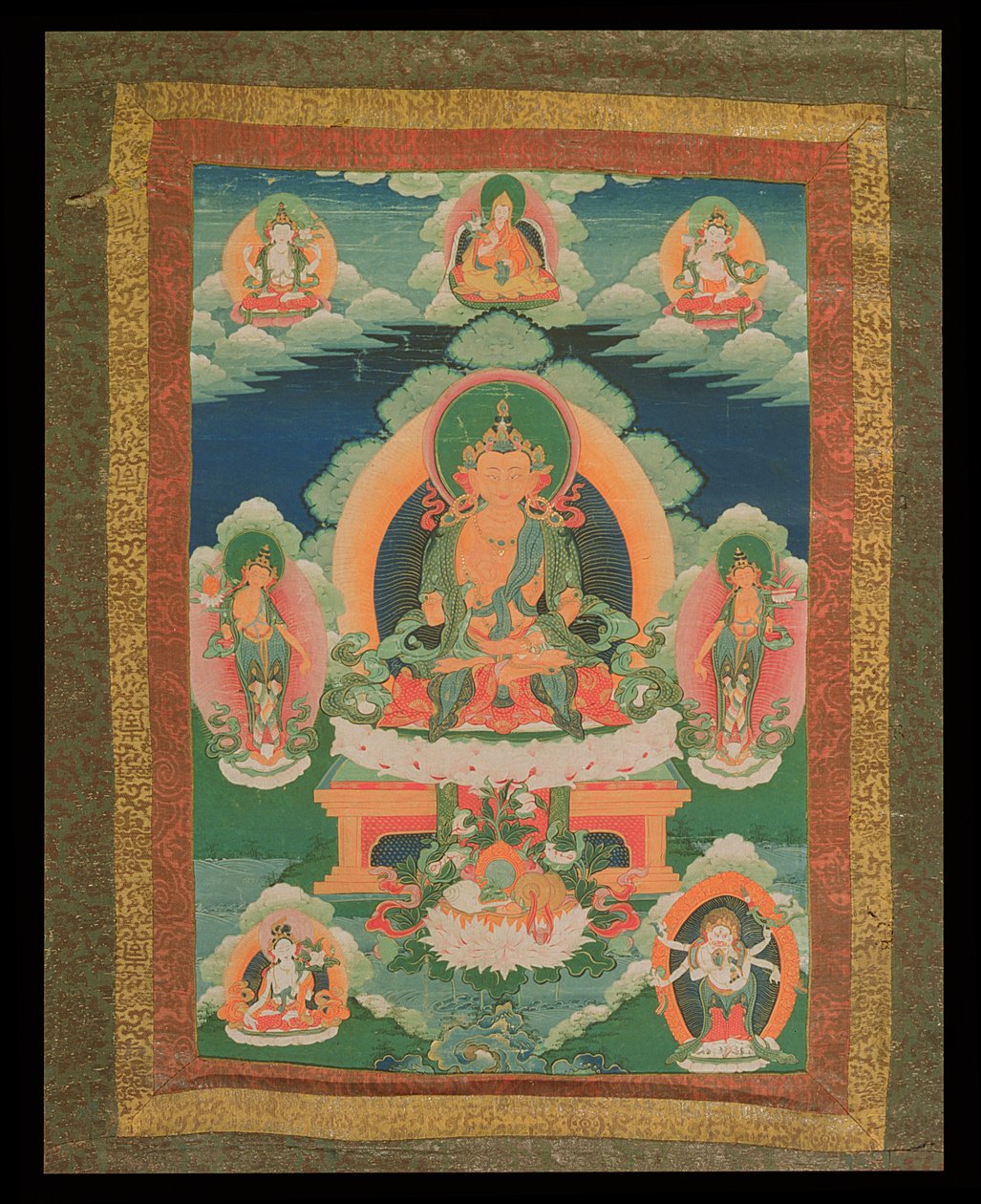Thangka-maleri, der forestiller en uidentificeret Bodhisattva, med forskellige bodhisattvaer, guddomme og hellige mænd omkring, fra Lhasa, 1780-1880 (papir monteret på silke) af Tibetan School