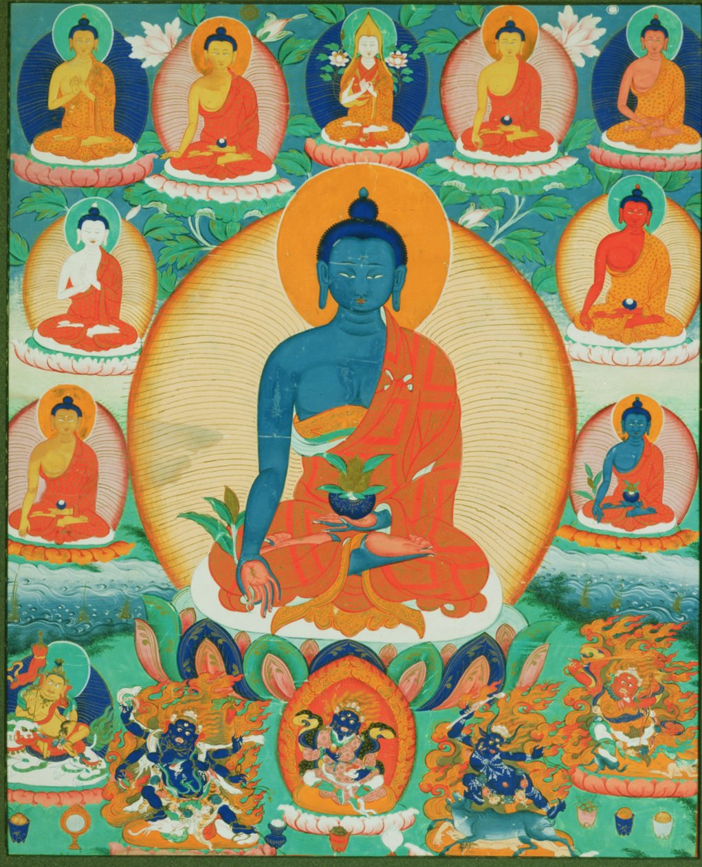 Thangka-maleri, der forestiller Baishajyaguru, Menla med syv andre medicinbuddhaer, 1780-1880 (papir) af Tibetan School
