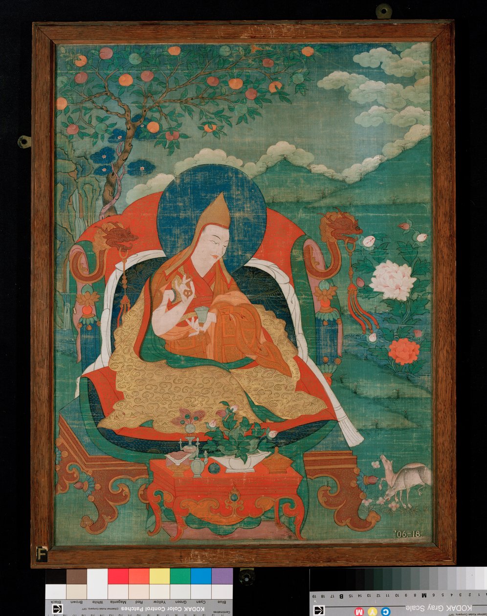 Thangka-maleri, der viser en fader til lamaismens gule hat-sekt, Gelupga Lama, ca. 1700-1825 (hundesyge på lærred) af Tibetan School