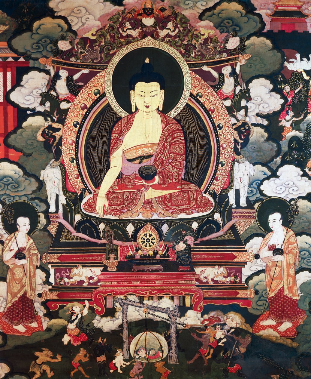 Buddha siddende mellem sine to store disciple Cariputra og Maudgalyayana, scener fra Buddha Sakyamunis liv, tibetansk civilisation af Tibetan School