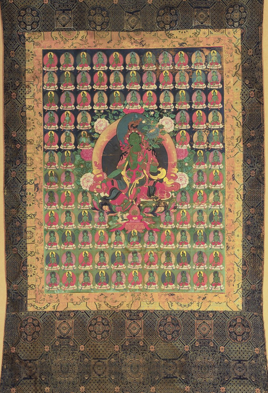 Grøn Tara, (gouache og forgyldt på bomuld) af Tibetan School
