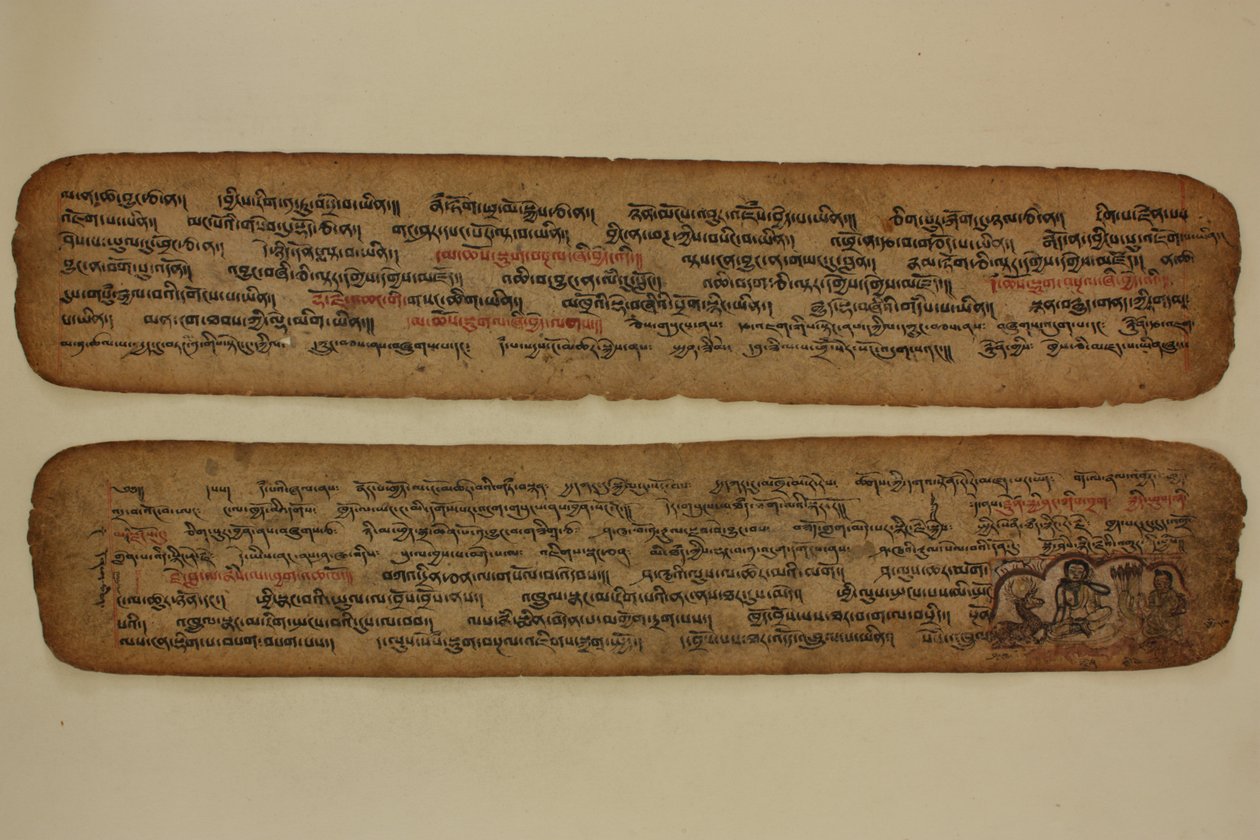 Milarepa i sin hule, hvor han underviser en jæger, ca. 1400-99 (illumineret manuskript) af Tibetan School