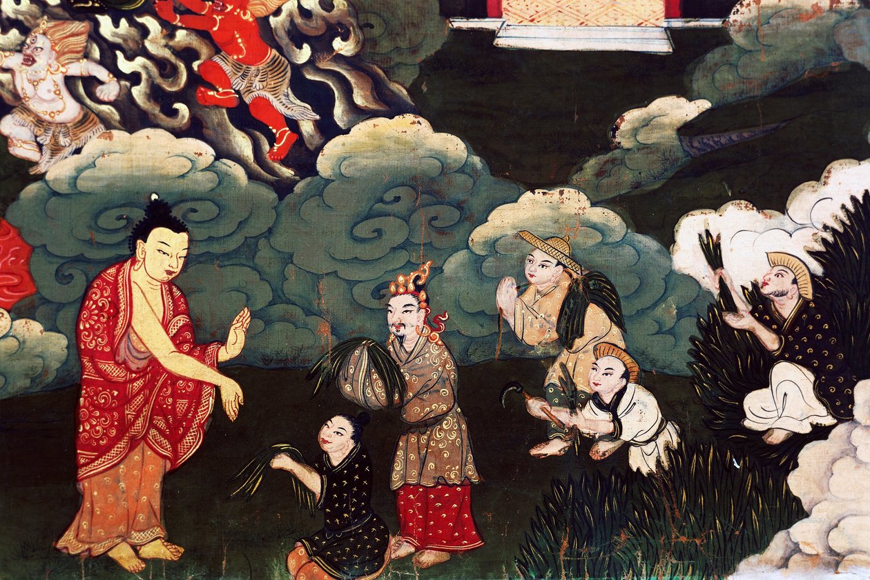 Tilbyder klaser af græs, scener fra Buddha Shakyamunis liv af Tibetan School