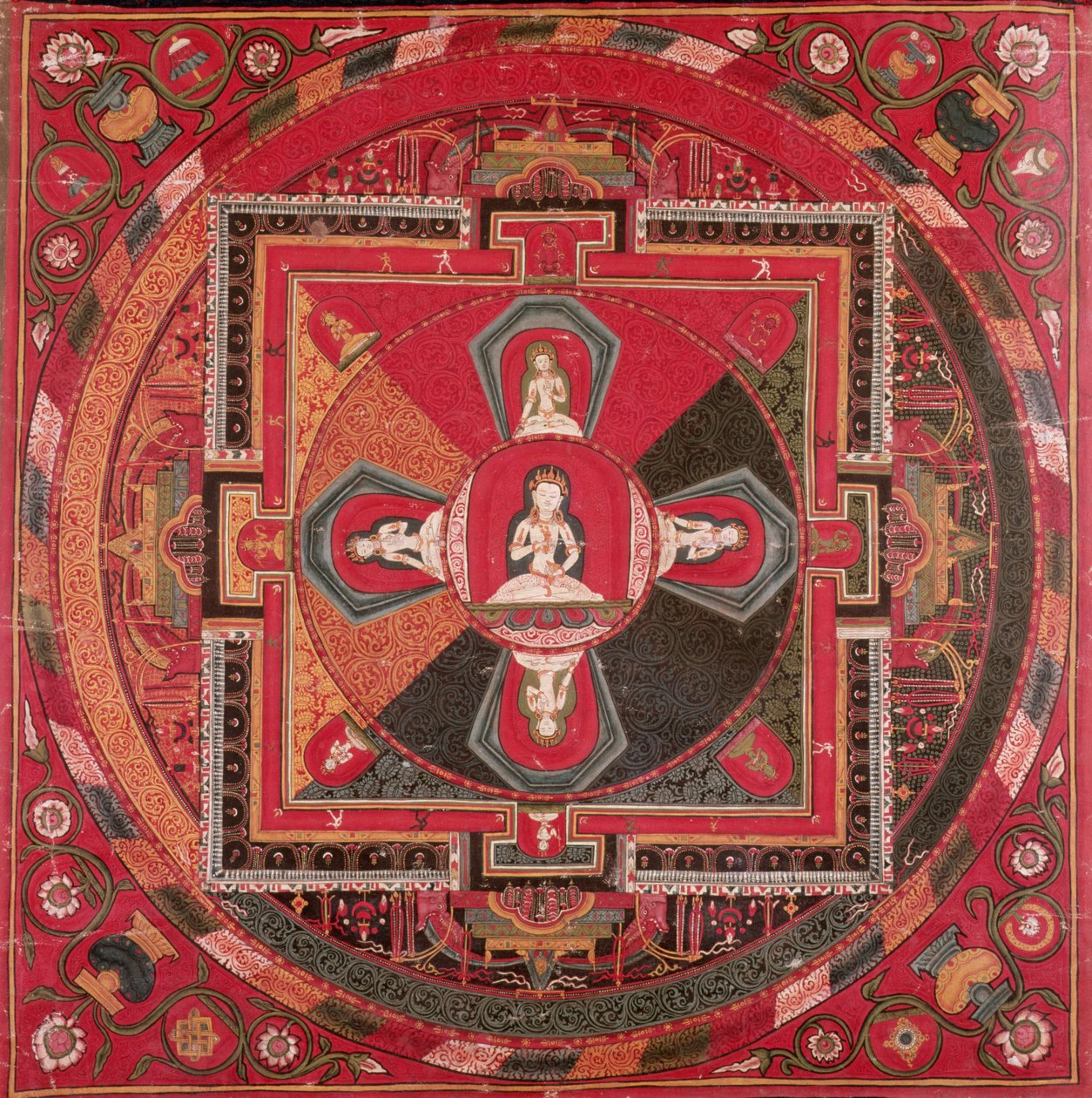 Thangka af en Vajrasattva Mandala (gouache på tekstil) af Tibetan School