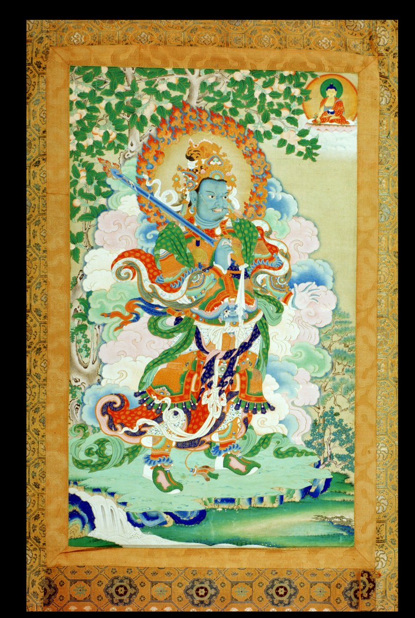 Thangka-maleri, der forestiller Virudhaka (Pag che po) Sydens vogter, tibetansk, 1800-tallet (papir monteret på silke med ruller) af Tibetan School