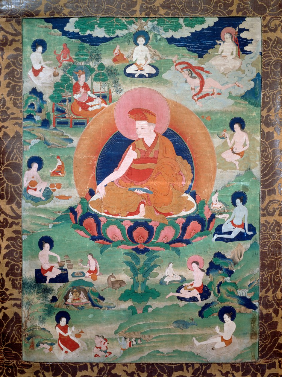 Lama Rdo Rje Grags Pa, der levede i det 11. århundrede, omgivet af sine tilhængere, maleri, tibetansk civilisation af Tibetan School