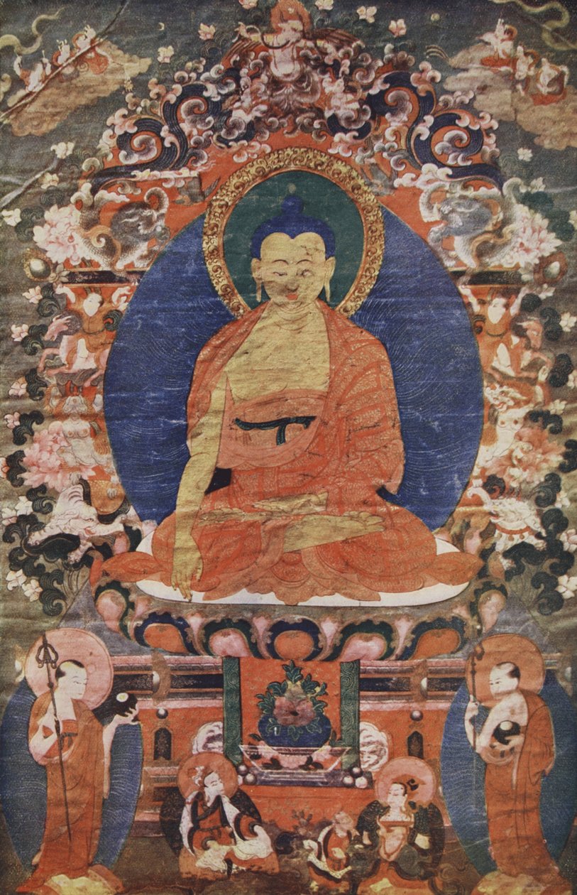 Tibetansk tempelbillede af Buddha på tronen, 1700-tallet, gengivet i The Outline of History: being a plain history of life and mankind af H.G. Wells, London af Tibetan School