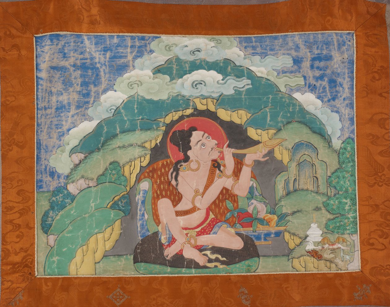 Mahasiddha Krishnacharya, fra et delvist sæt thangkas, tidligt i det 19. århundrede (mineralpigmenter på størrelse bomuld; original brokade montering) af Tibetan School