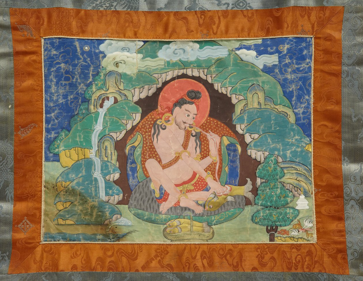 Mahasiddha Luipa, fra et delvist sæt thangkas, tidligt i det 19. århundrede (mineralpigmenter på størrelse bomuld; original brokade montering) af Tibetan School