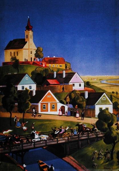Den typiske ungarske landsby, illustration fra en turistbrochure, ca. 1930-40 (farve litho) af Tibor Polya