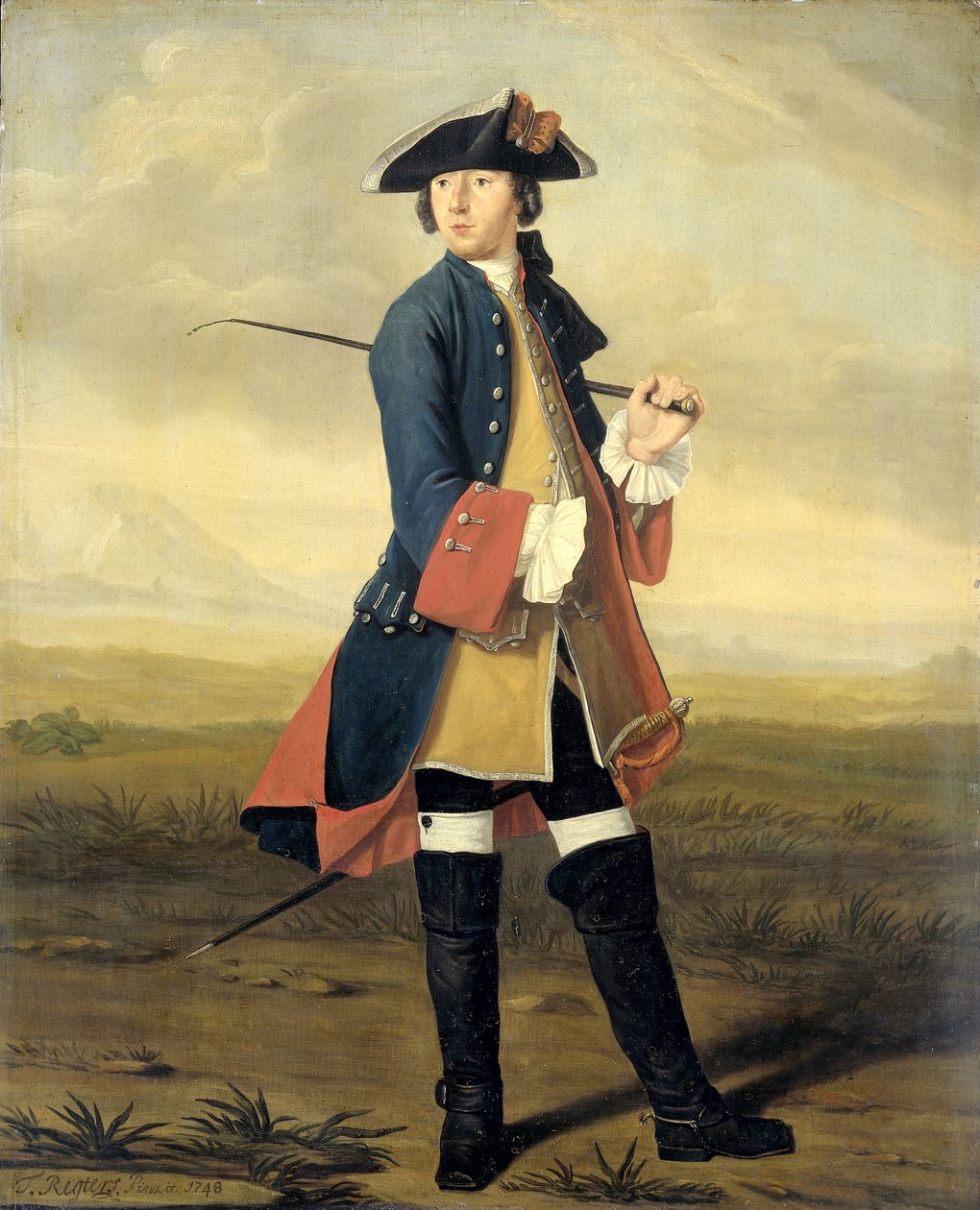 Portræt af Ludolf Backhuysen II, Maler, i Dragonernes Uniform af Tibout Regters