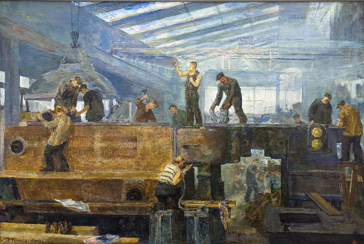 Le plan quinquennal - Turbine installation af Chernyshev, Tikhon Pavlovich (1882-1942). Olie på lærred, størrelse: 75x110 af Tikhon Pavlovich Chernyshev