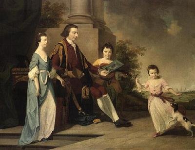 Thomas Noel, 2. Viscount Wentworth, sad med sine tre søstre, Judith, Elizabeth og Sophia, på terrassen med Oxford bagved (olie på lærred) af Tilly (manner of) Kettle