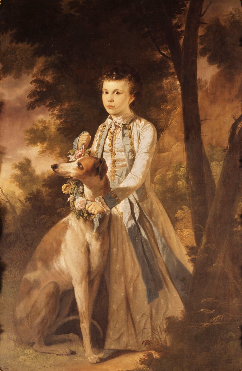Portræt af John Graham, som en dreng, i fuld længde, i indisk kjole, der holder en blomsterkrans rundt om halsen på en Greyhound ved sin side, i et landskab., af Tilly Kettle