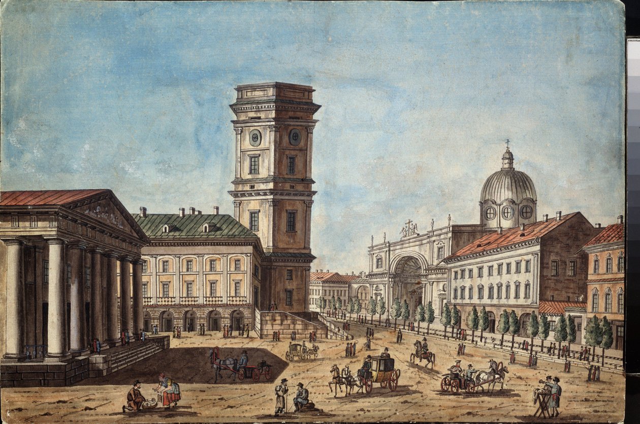 Udsigt over Nevskij Prospekt i Sankt Petersborg (Udsigt over Nevskij Prospekt i Sankt Petersborg) - Værk af Timofei Alexeyevich Vasilyev (1783-1838), akvarel og blæk på papir, omkring 1810 - Russisk kunst af Timofei Alexeyevich Vasilyev