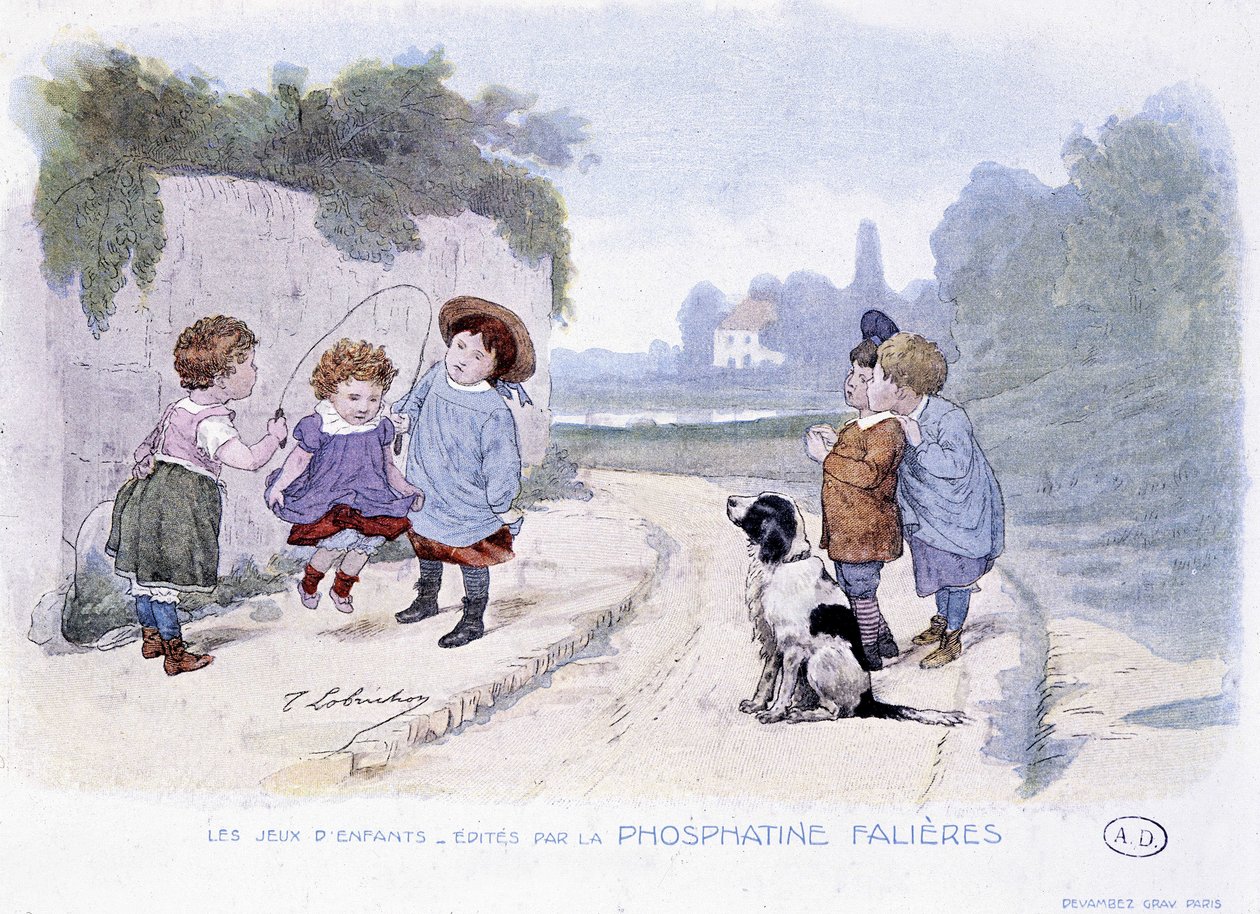 Børns spil: Piger, der spiller hoppereb - dess. de Lobrichon, red. af Phosphatine Falieres, v.1920 af Timoleon Marie Lobrichon