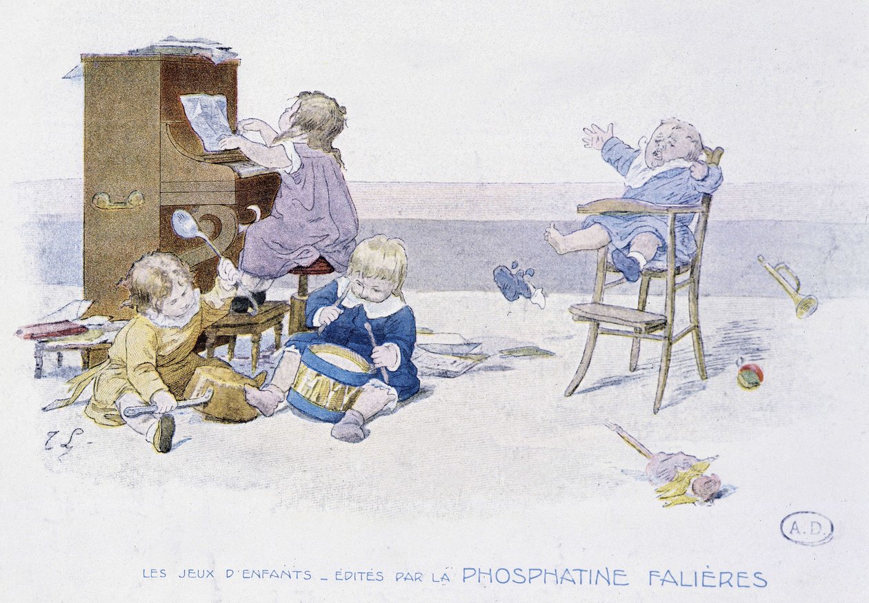 Børns spil: børn, der spiller forskellige musikinstrumenter - dess. de Lobrichon, red. af Phosphatine Falières, v.1920 af Timoleon Marie Lobrichon