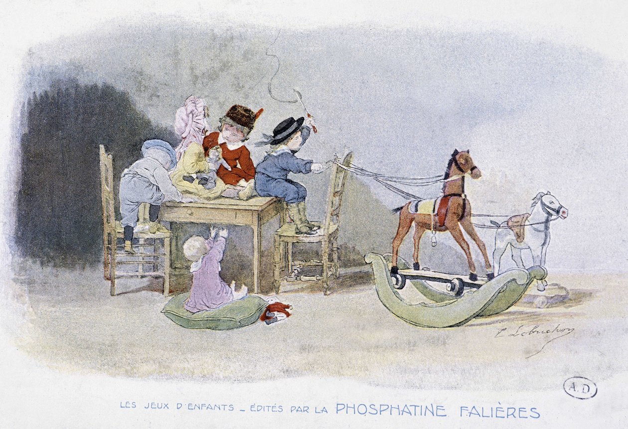 Børns spil: gyngeheste - dess. de Lobrichon, red. af Phosphatine Falières, v.1920 af Timoleon Marie Lobrichon