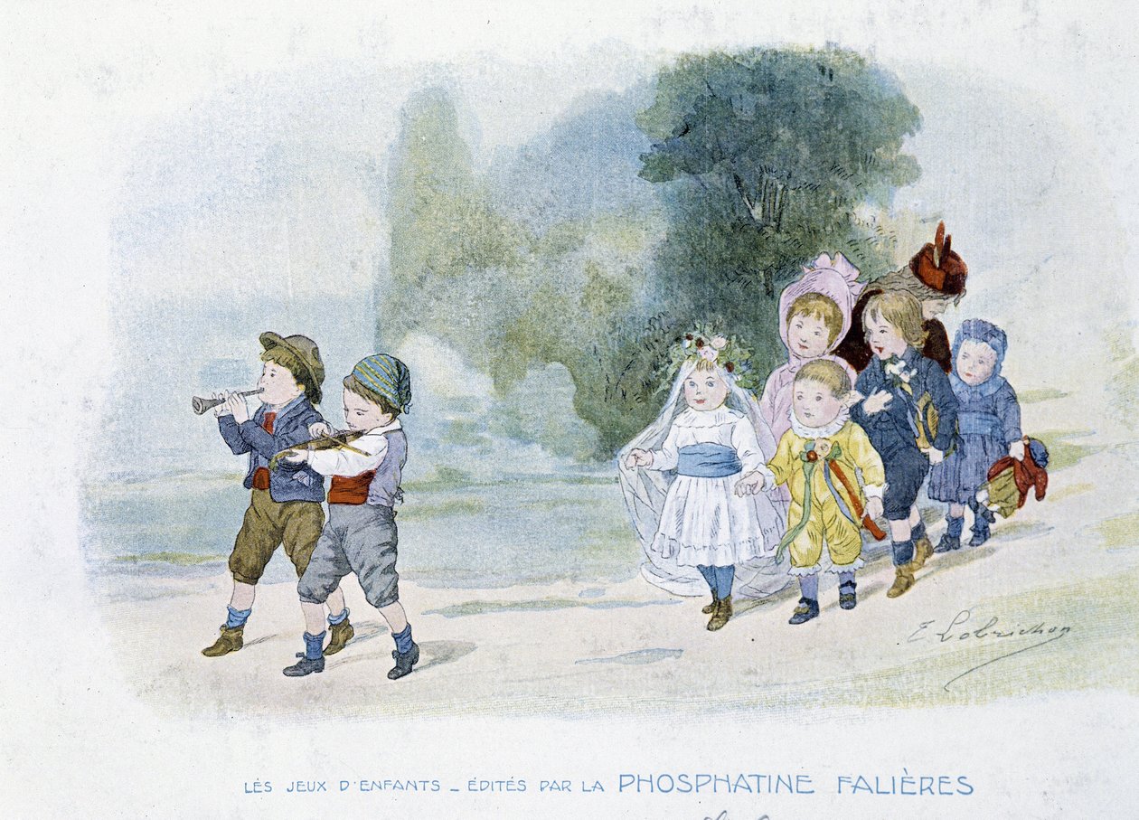 Børns spil: bryllupsoptog, børn forklædt som brude - dess. de Lobrichon, red. af Phosphatine Falières, v.1920 af Timoleon Marie Lobrichon
