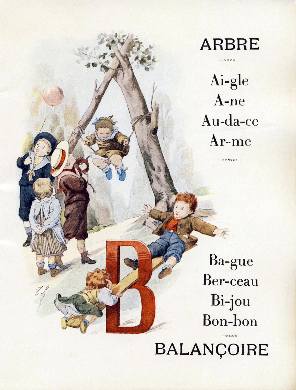 Bogstaverne A og B repræsenterer børn, der spiller gynge, slutningen af det 19. århundrede (kromolitografi) af Timoleon Marie Lobrichon