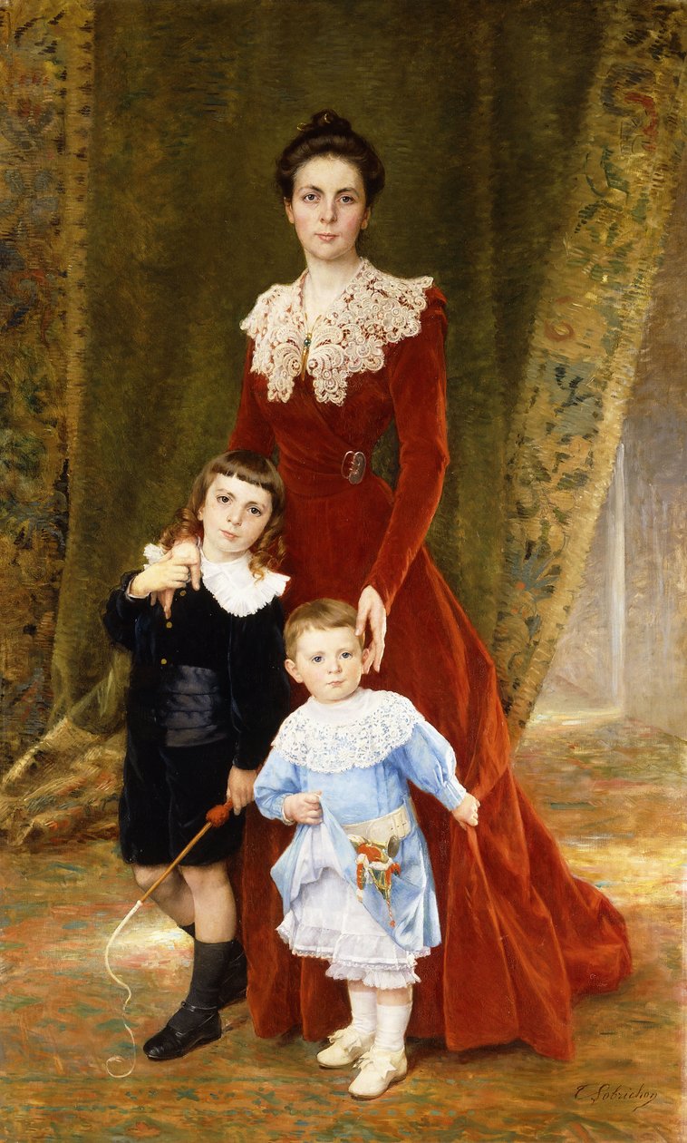 Portræt af en dame, stående i fuld længde, med hendes børn, af Timoleon Marie Lobrichon