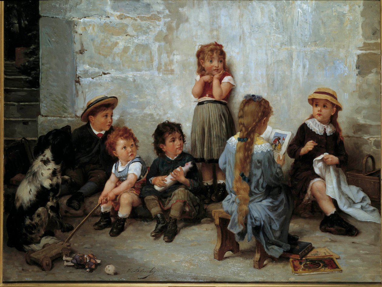 Den spændende passage Børn lytter til en bog. Maleri af Timoleon Lobrichon (1831-1914) 1800-tallet. Privat samling af Timoleon Marie Lobrichon