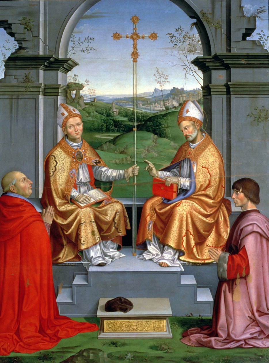 Thomas a Becket og Sankt Martin af Tours med ærkebiskop Giovanni Pietro Arrivabene og Guidobaldo da Montefeltro, hertug af Urbino (død 1508) af Timoteo Viti