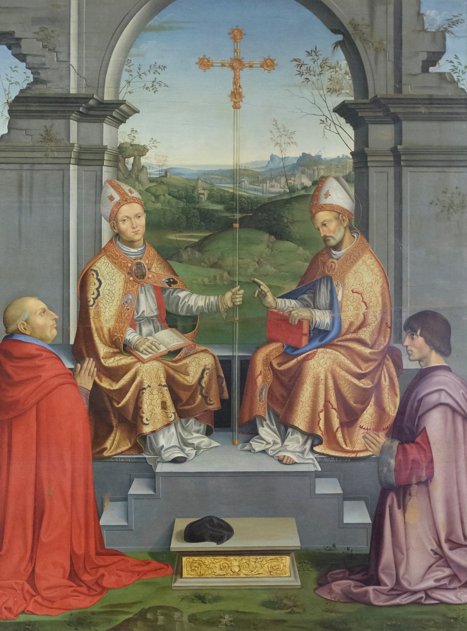 De hellige Thomas Becket og Martin af Tours tilbedes af biskop Giovanni Pietro Arrivabene og hans nevø Giacomo af Timoteo Viti